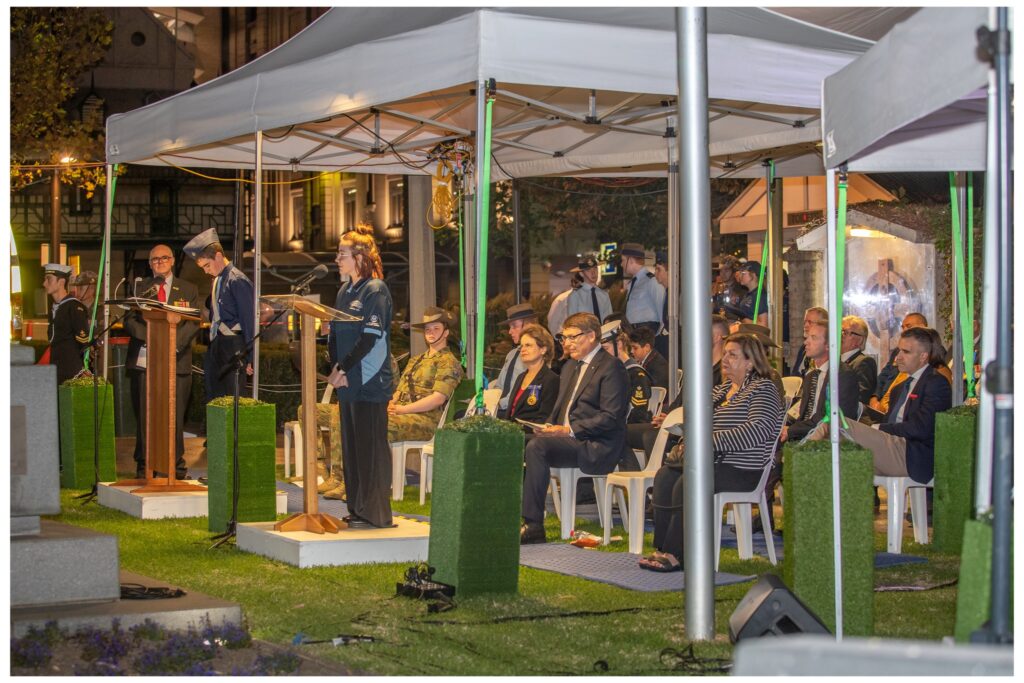 Tanya Aysen Kaplan OAM about to give a speech at the Anzac Eve service